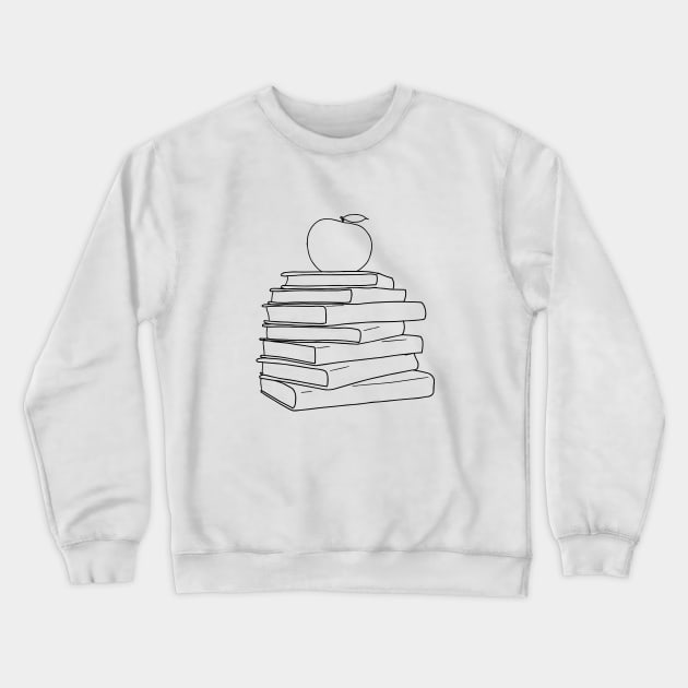 Apple on Book Stack - Red Apple & Black Books Line Art Crewneck Sweatshirt by Tilila